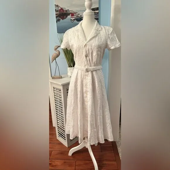 knee length dresses for ladies White Linen Woven Collared Long Sleeve Dress main image 0